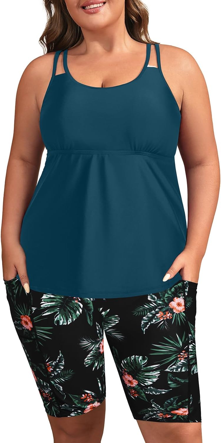 Plus Size Tankini Swimsuits - Athletic Two Piece Bathing Suits with Short for Women Swimwear with Pockets