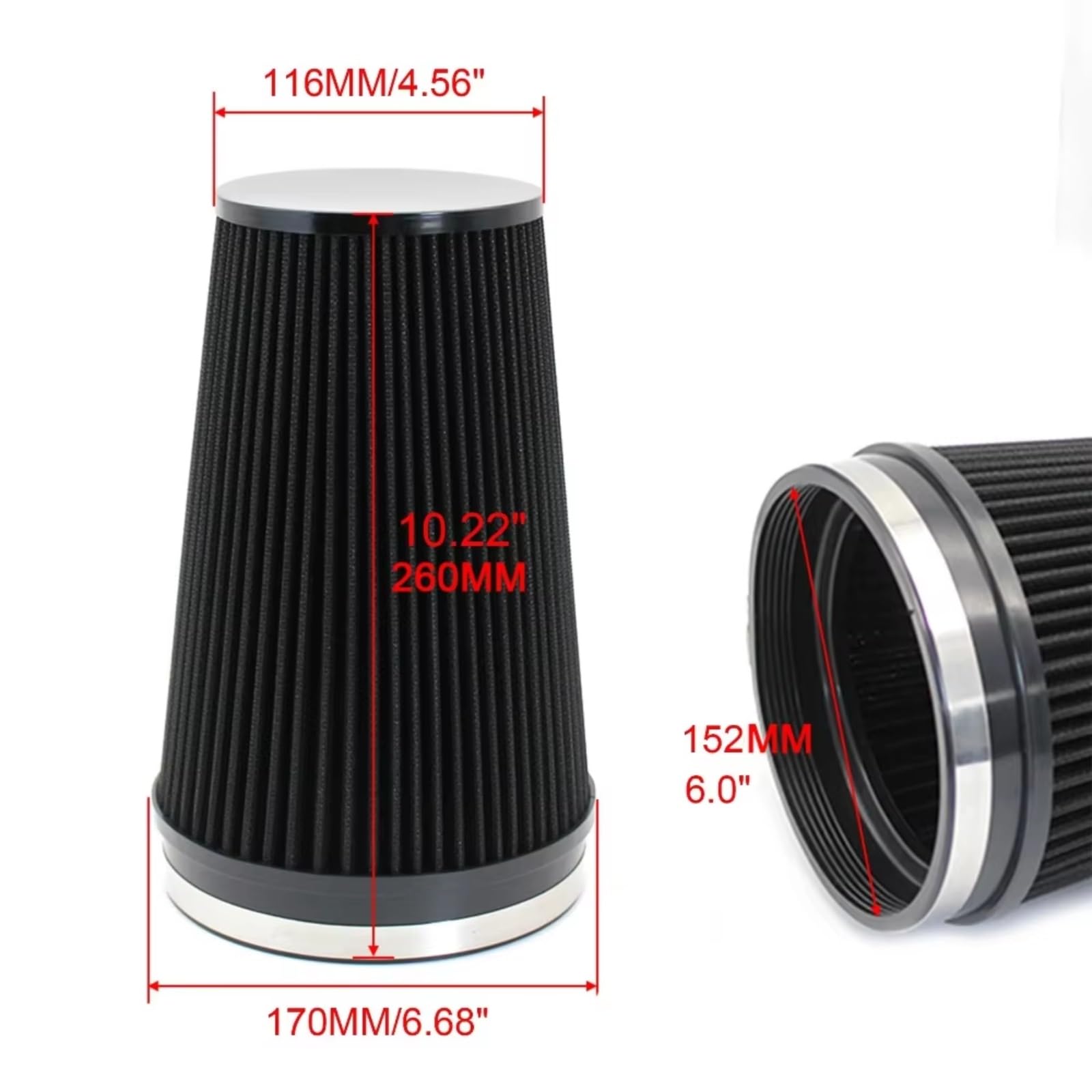 Filtro Aire Universal Motor Cono Para Alto Flujo Coche 150 Mm 6Pulgada filtro de aire motor | Para tubo de entrada de aire frío, filtro de entrada de aire frío lavable para motor de carreras(Black)