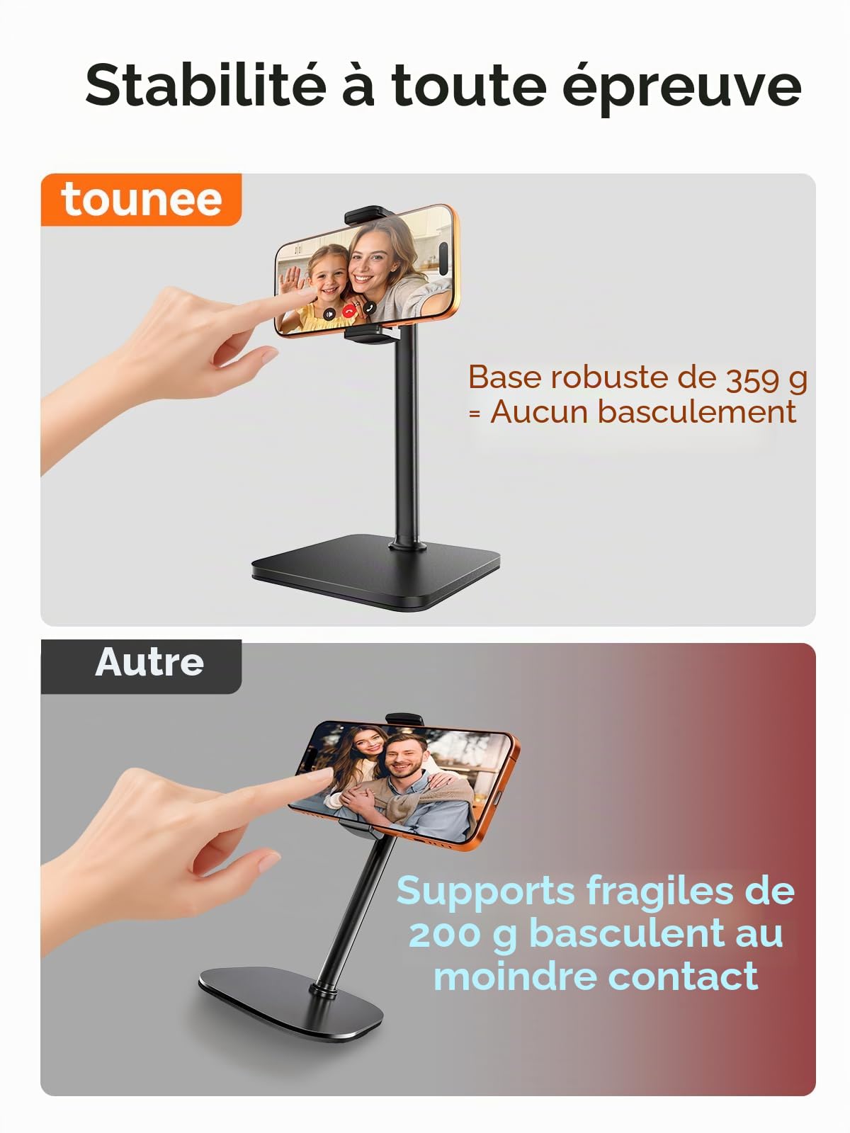 Tounee Support Téléphone Bureau, Réglable en Hauteur (8-11 Pouces) pour Lives, Vidéos & TikTok – Compatible avec iPhone 17/16/15, Samsung & Smartphones de 4-7 Pouces – Noir