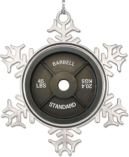 Vista 13 de Plato de pesas con barra para amantes del fitness, adornos de Navidad 2022, adornos de copo de nieve, decoraciones de Navidad para árbol, novedad