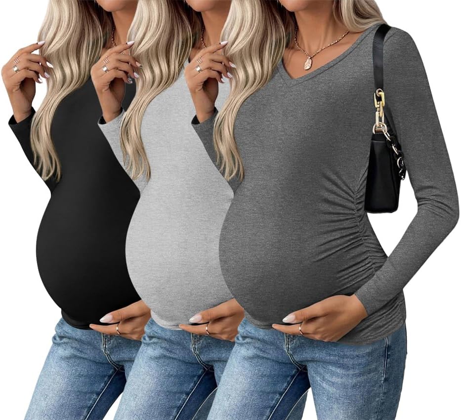Ekouaer Womens Maternity Shirts Long Sleeve 3 Packs Pregnancy V-Neck Clothes Side Ruched Blouse Tops for Mama S-XXL