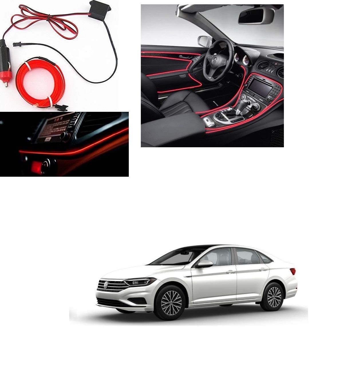 Kozdiko Red Color 12V 5Mtrs Roll Cold Light Car Socket Strip Neon Lamp Mood Creator Decor InteriorLighting for Volkswagen Jetta (2015-Present)