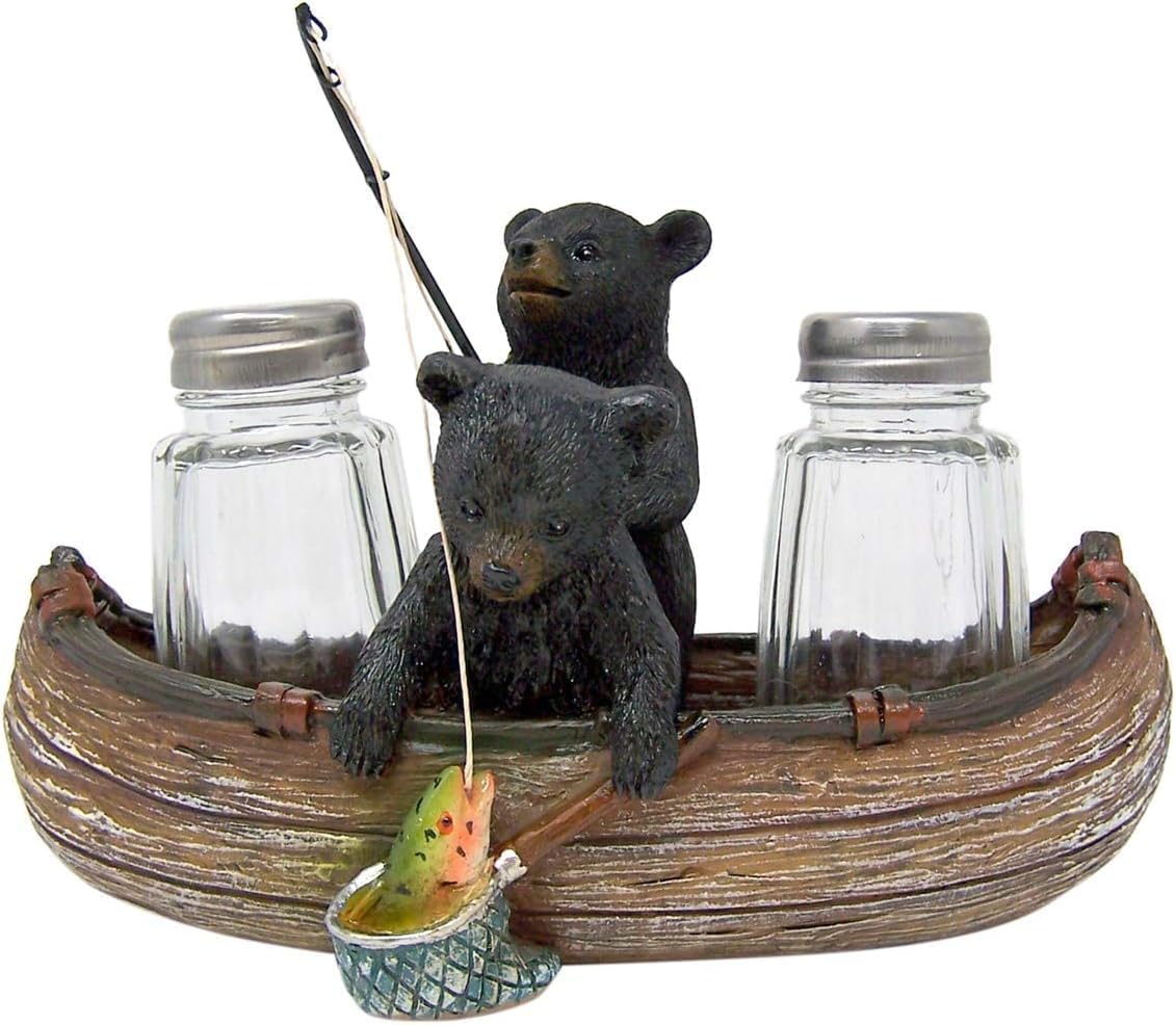 De Leon Collections Polyresin Black Bear Fishing in a Canoe Boat Rustic Outdoor Themed Salt and Pepper Shaker Holder Set