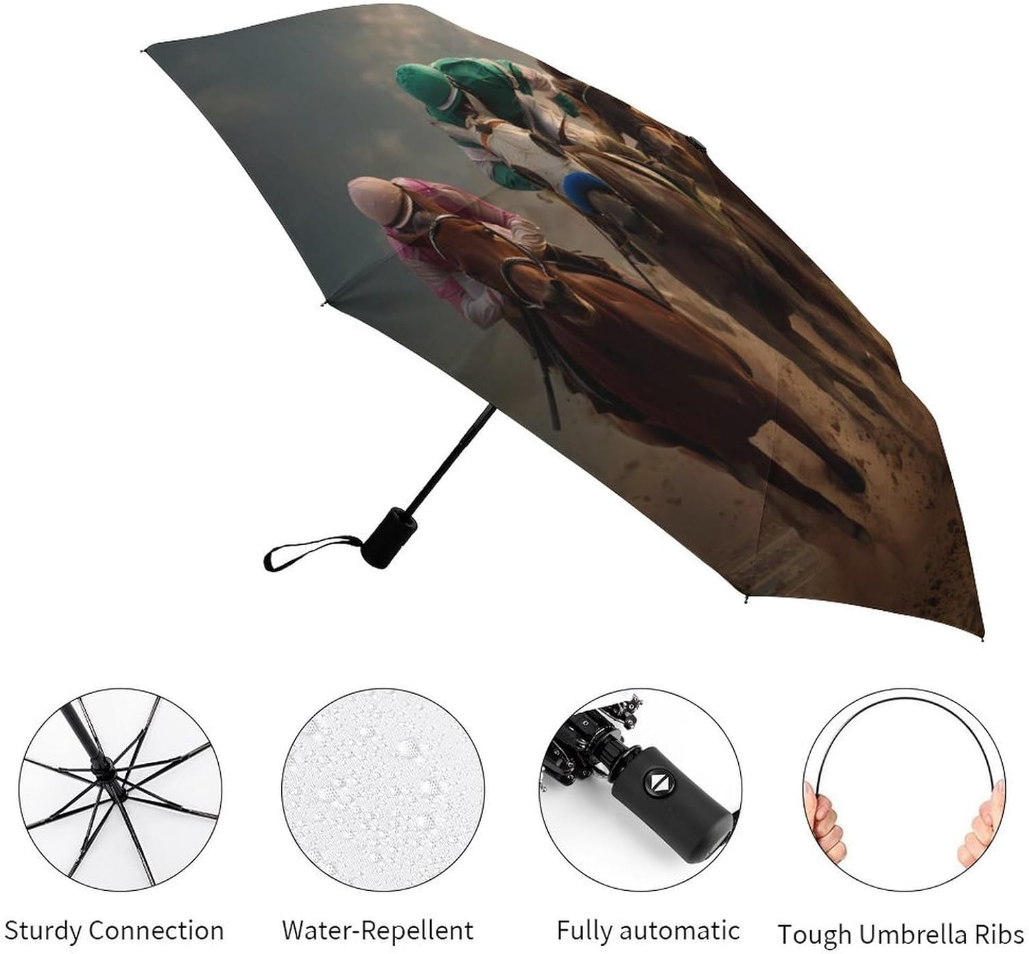 Horse Racing Travel Umbrella for Rain Windproof Compact Umbrellas