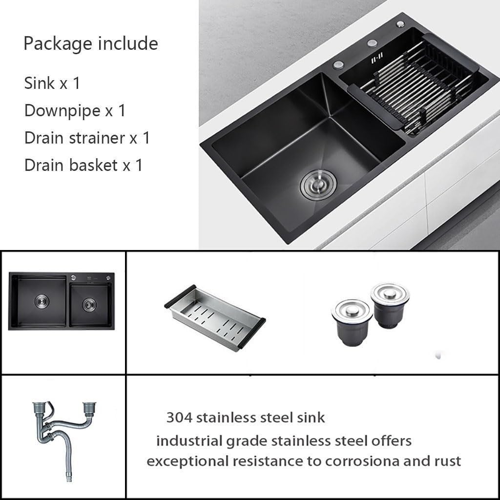 Diagram showing the included components: sink, downpipe, drain strainer, drain basket, and soap dispenser.