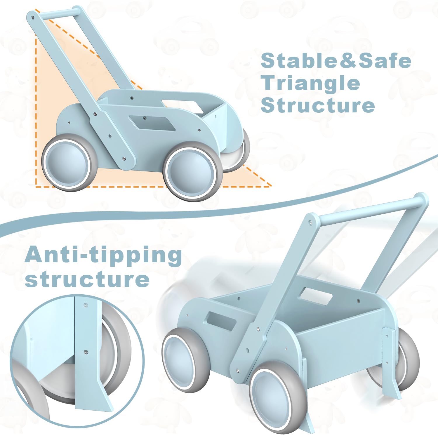 Lauflernwagen Holz, Baby Lauflernhilfe für Junge und Mädchen, Toddler Push & Pull Lauflernspielzeug, Kinderwagen aus Holz, Baby Walker mit Rädern, Geschenk für Geburtstag Weihnachten, Blau
