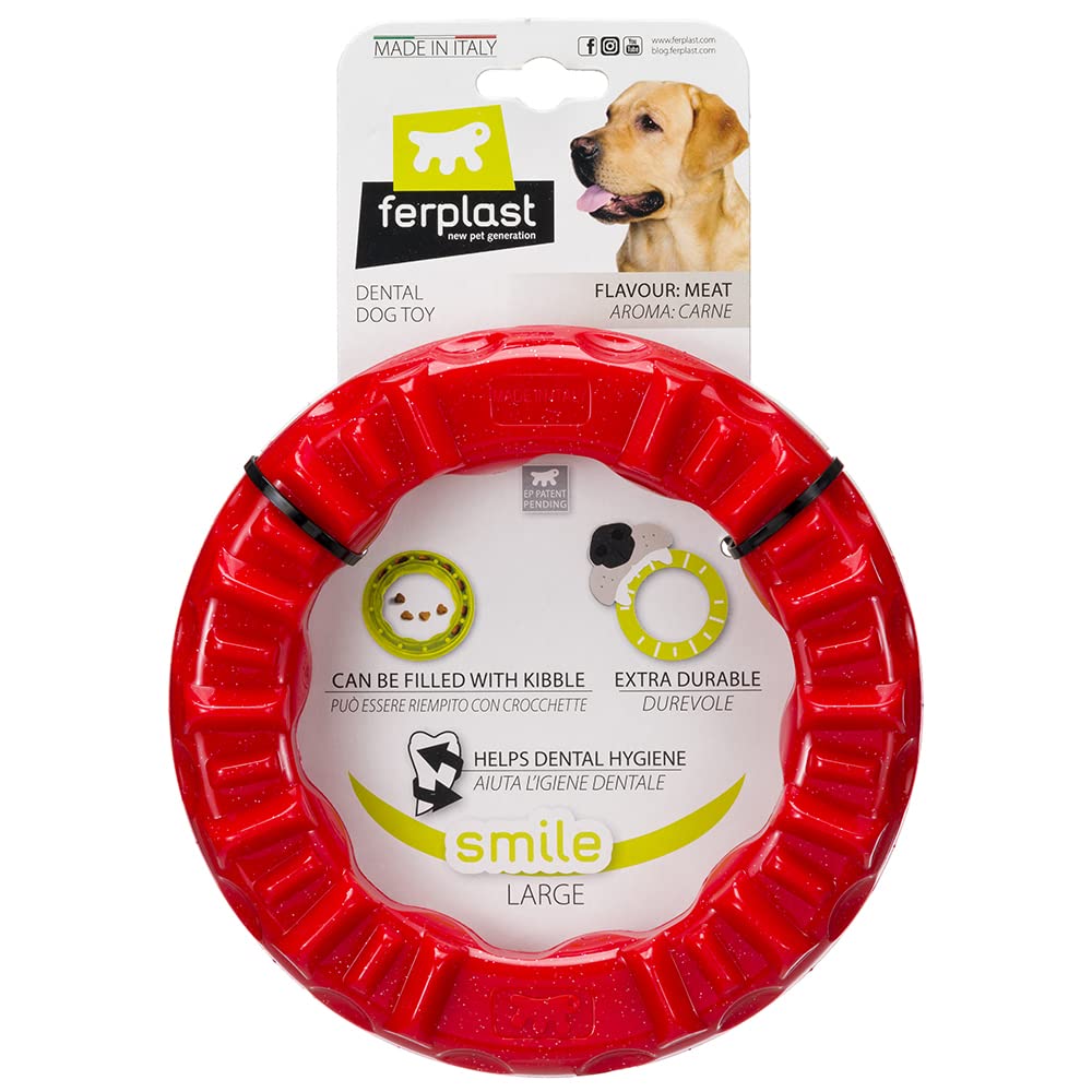 Ferplast Juguete Perro, Anillo Dispensador Comida Perros, Croquetas, en Material Duradero para Masticar, Sabor a Carne, para Higiene Dental, Smile Anillo Fitness, Juguetes para Perros Grandes, Rojo