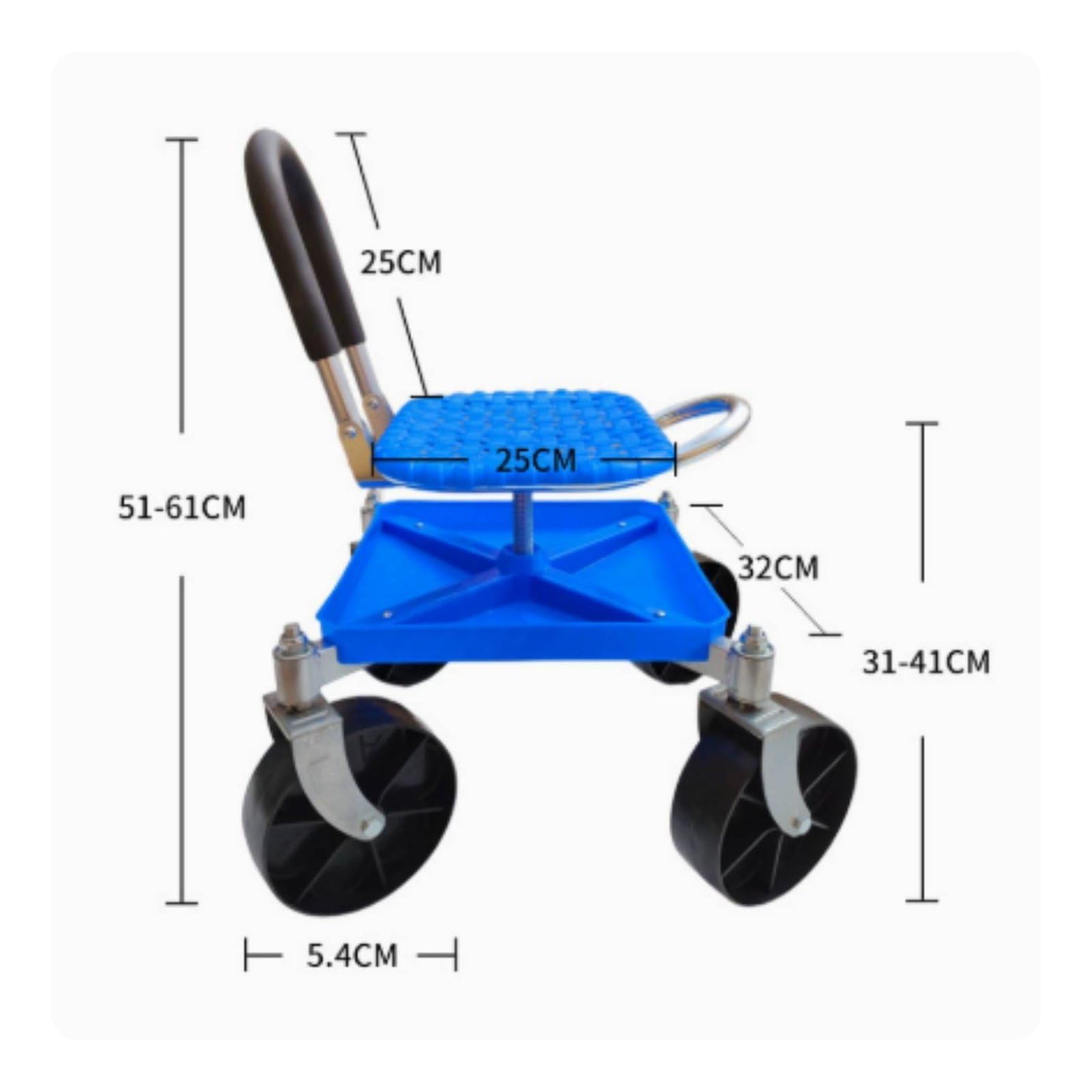 Sgabello con Ruote e Altezza Regolabile Ergonomico Sedia da Lavoro con Ruote Portatile Sedile da Giardino Girevole per Giardinieri, Anziani, Blu