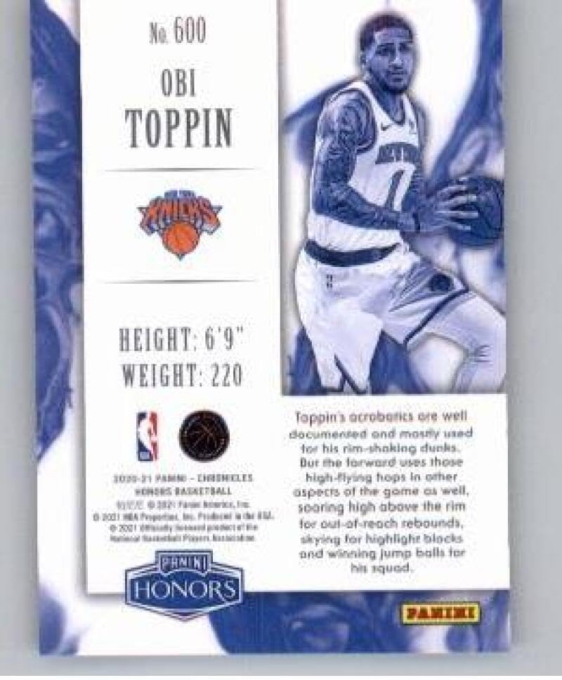 Miniatura 2 de 2020-21 Panini Chronicles #600 Obi Toppin RC Rookie New York Knicks NBA Basketball Trading Card