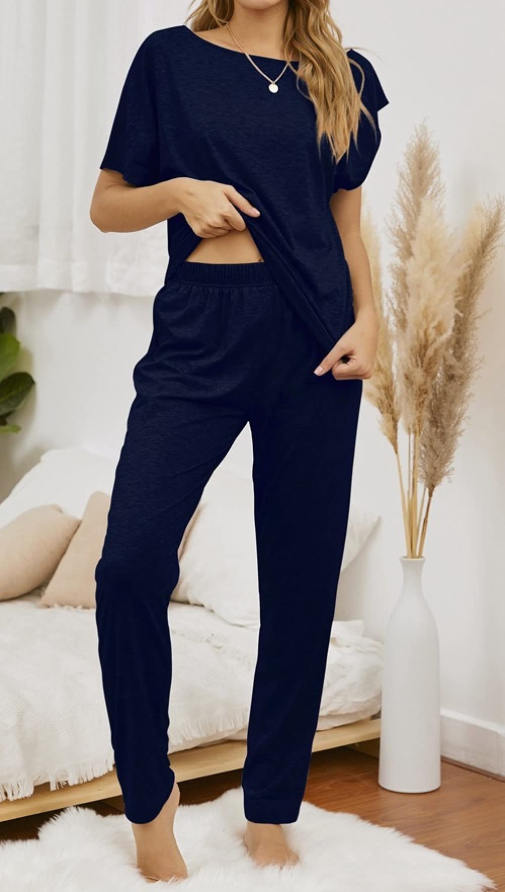 Pijama De Mujer Manga Corta,Pijama De Manga Corta Azul De Gran Tamaño con Cuello Redondo para Mujer, Conjunto De 2 Piezas, Pijama Suave Y Cómodo para Mujer, Ropa De Salón, Regalo del Día De La M