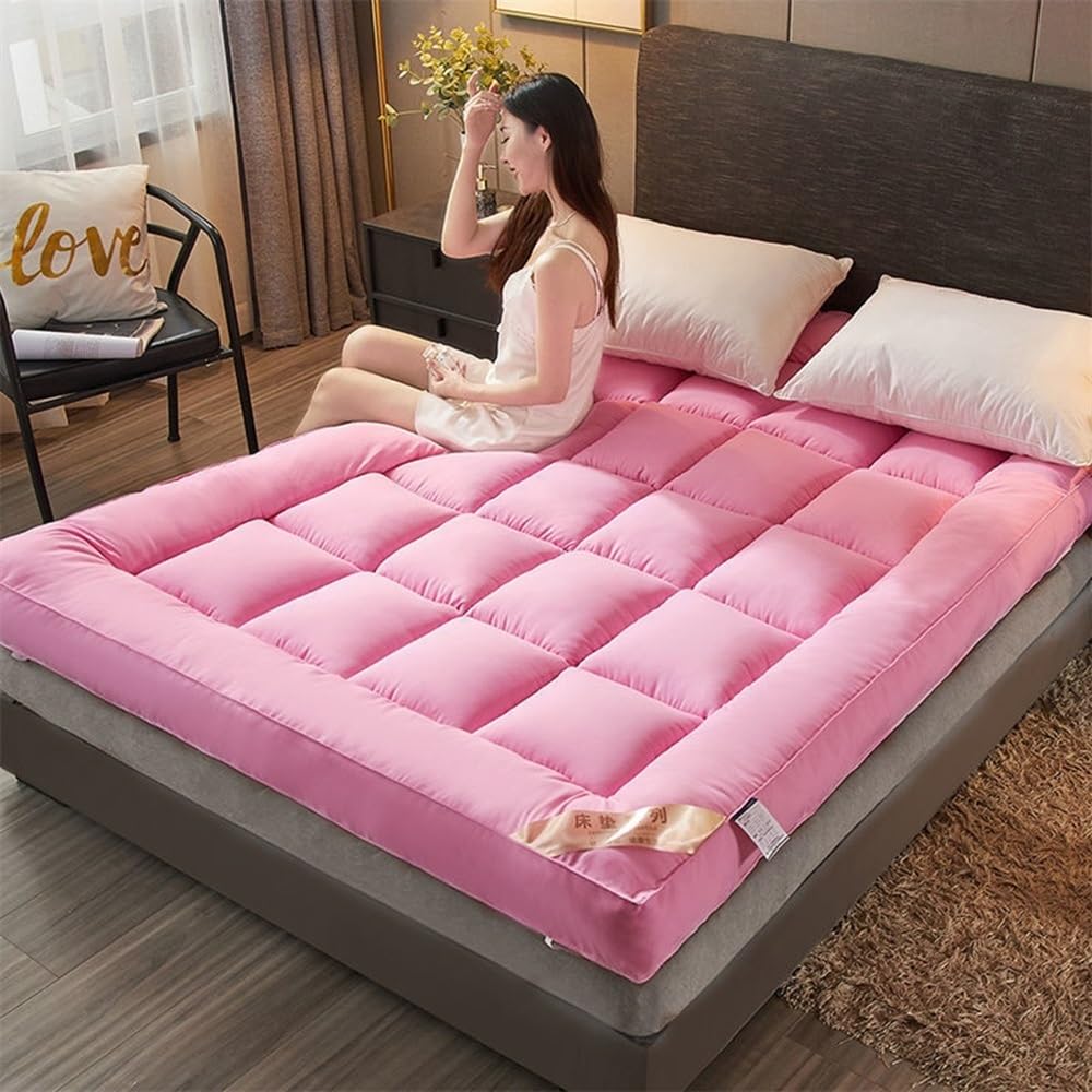 GUOIOOI Japanese Futon Mattress,Extra Thick Futons Sofa Couch Bed,Ultra Soft Fluffy Queen Floor Mattress Thicken Sleeping Mattress Foldable & Portable Roll up Tatami Mattress(Pink,Double)