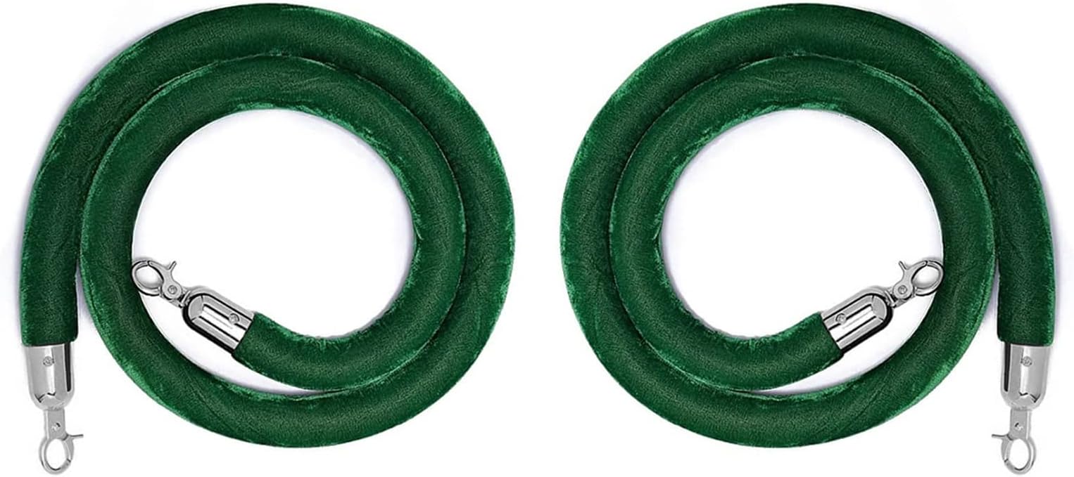 2 Pack Velvet Stanchion Rope Green, 5 Ft Crowd Control Ropes Barrier with Silver Hooks, Hanging VIP Rope for Party Decoration