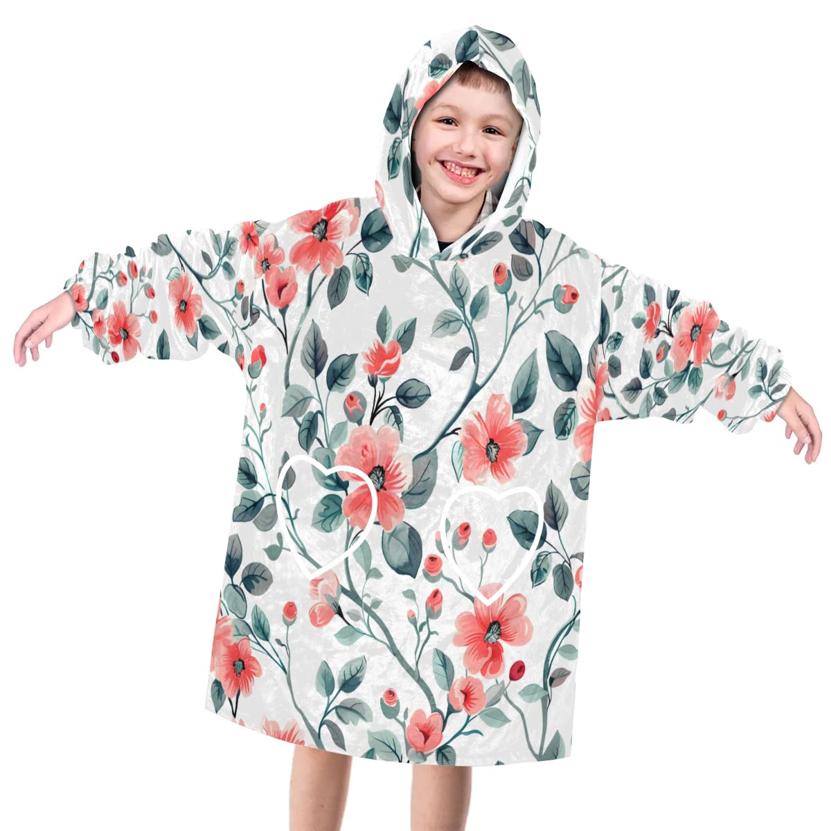 Pardick Wearable Blanket Hoodie for Kids, Watercolor Flowers Fleece Sweatshirt Blanket Oversized Blanket Sweatshirt with Pocket Flannel Warm Hooded Blanket 6-10 Year Old Girl Boy Gift, One Size