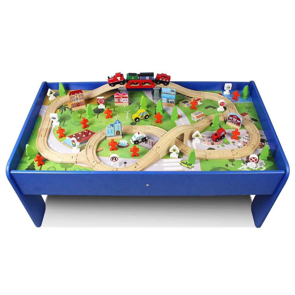 Little Nation 90pc Wooden Train Set with Table – Toy Train & Train Track Playset for Kids, Educational Wooden Train Toy for Ages 3+