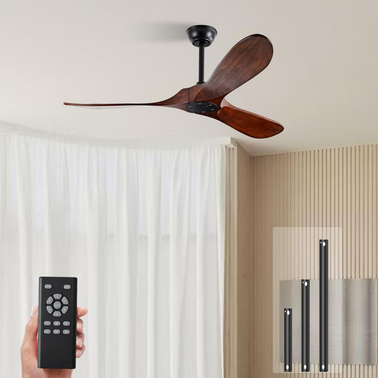 52" Walnut Wood Ceiling Fans,Outdoor Ceiling Fan without Light for Patios,3 Blade Small Propeller Fan Ceiling Mount for Outside Pergola,6 Speed Reversible Quiet DC Motor Fan for Bedroom