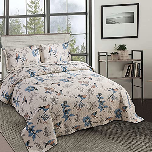 Quilt Set Queen Size Bedspread Coverlet Queen Quilt Bedding Country Farmhouse Quilt Reversible Bedding Lightweight Quilt Bedspread Set Queen Grey Leaves Floral Bird Print Home Quilt Collection Bedding #TOP4