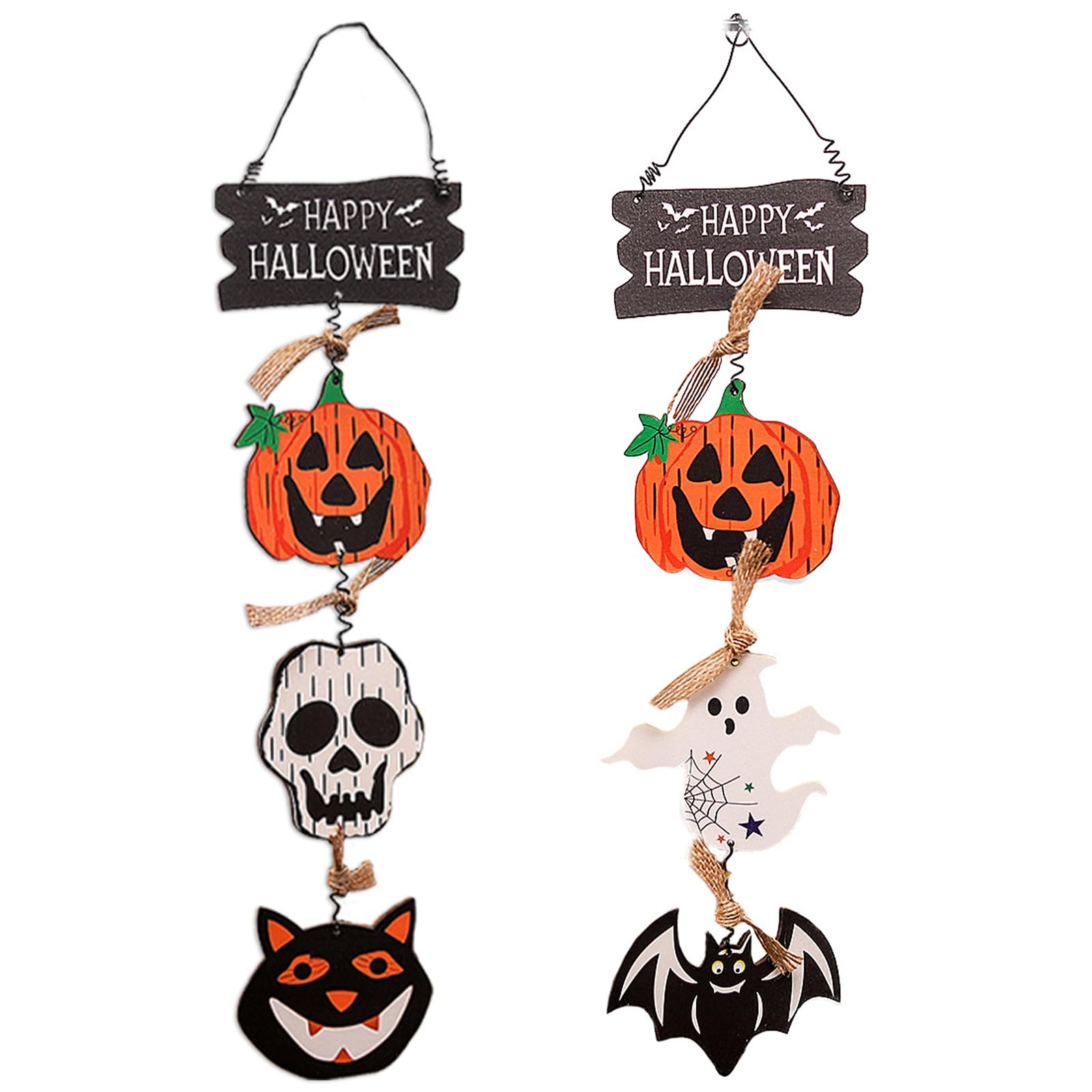 2PCS Wooden Halloween Hanging Ornament Wood Ghostly Skull Pumpkin Hanging Decorations for Mantels Window Door Wall Wooden Pumpkin Ghostly Hangings