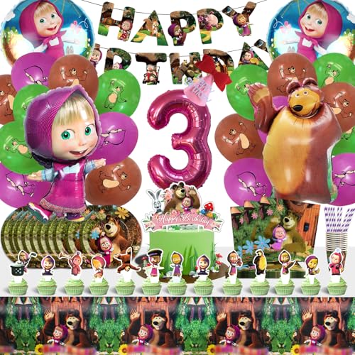 101 peças decoração de aniversário Masha - conjunto de festa com Masha Globos, guardanapos, toalha de mesa e louça para aniversários de 3 anos