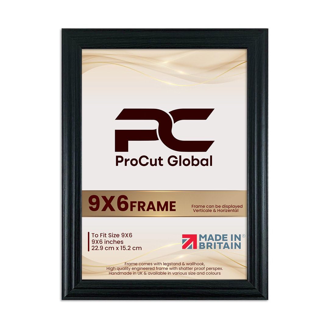 Procut Global 9X6 Black Picture Frames - Classic Wooden Photo Frame with Shatterproof Perspex for Wall or Tabletop - Perfect for Posters, Certificates & Prints - Sizes & Colors Available