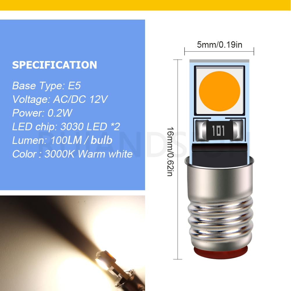Ruiandsion 20PCS Lampadine LED E5 per Impianti Ferroviari in Miniatura, con Attacco E5.5, 3000K Bianco Caldo, 100LM, AC/DC 12V, Chip LED 3030, per Locomotive Modellistiche