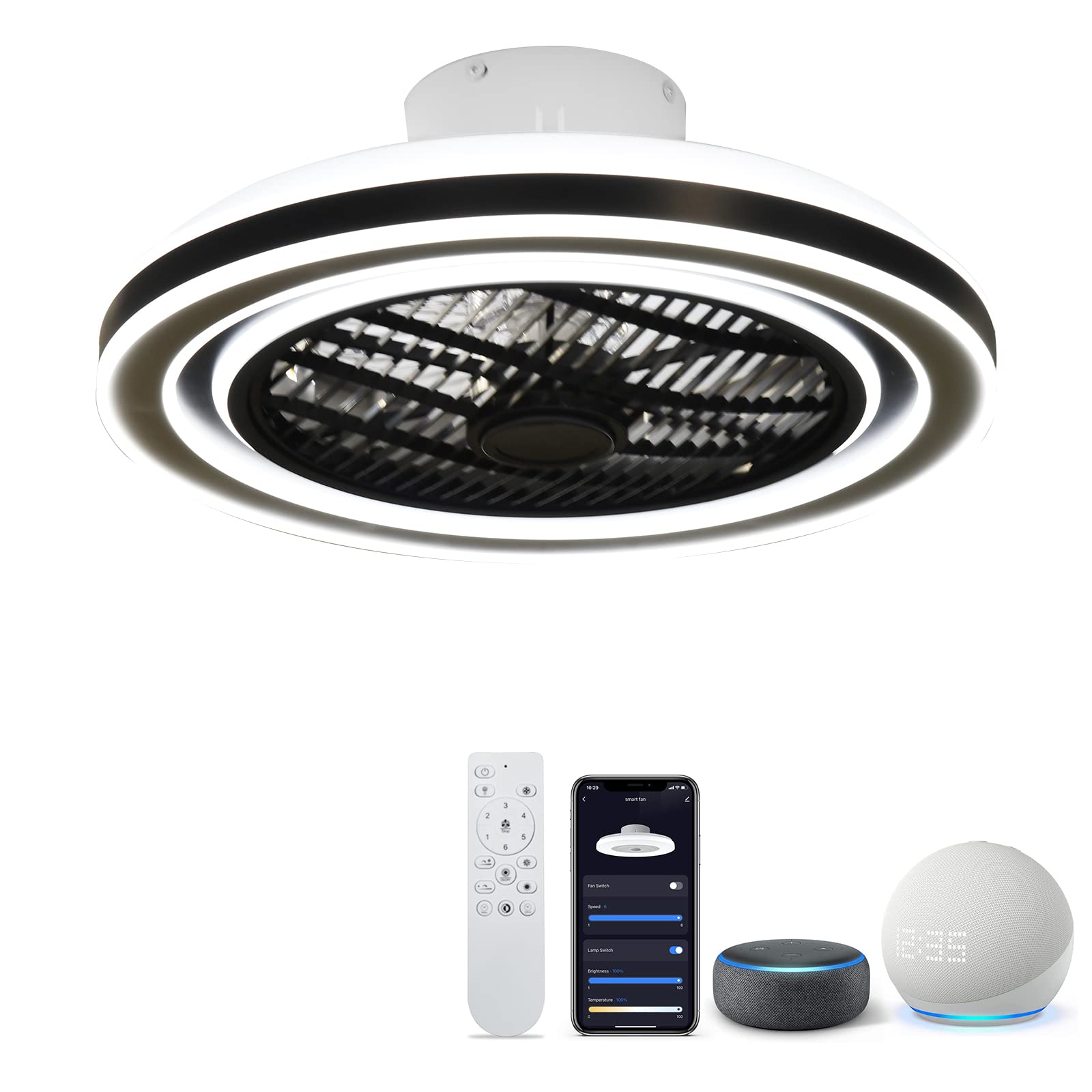 VNPONV Smart Low Profile Ceiling Fan with Light Remote Control, 3 Colors Stepless Dimmable Lights 6 Fan Speeds, Compatible with Alexa,Google Assistant and TUYA for Bedroom, Kitchen, Living Room