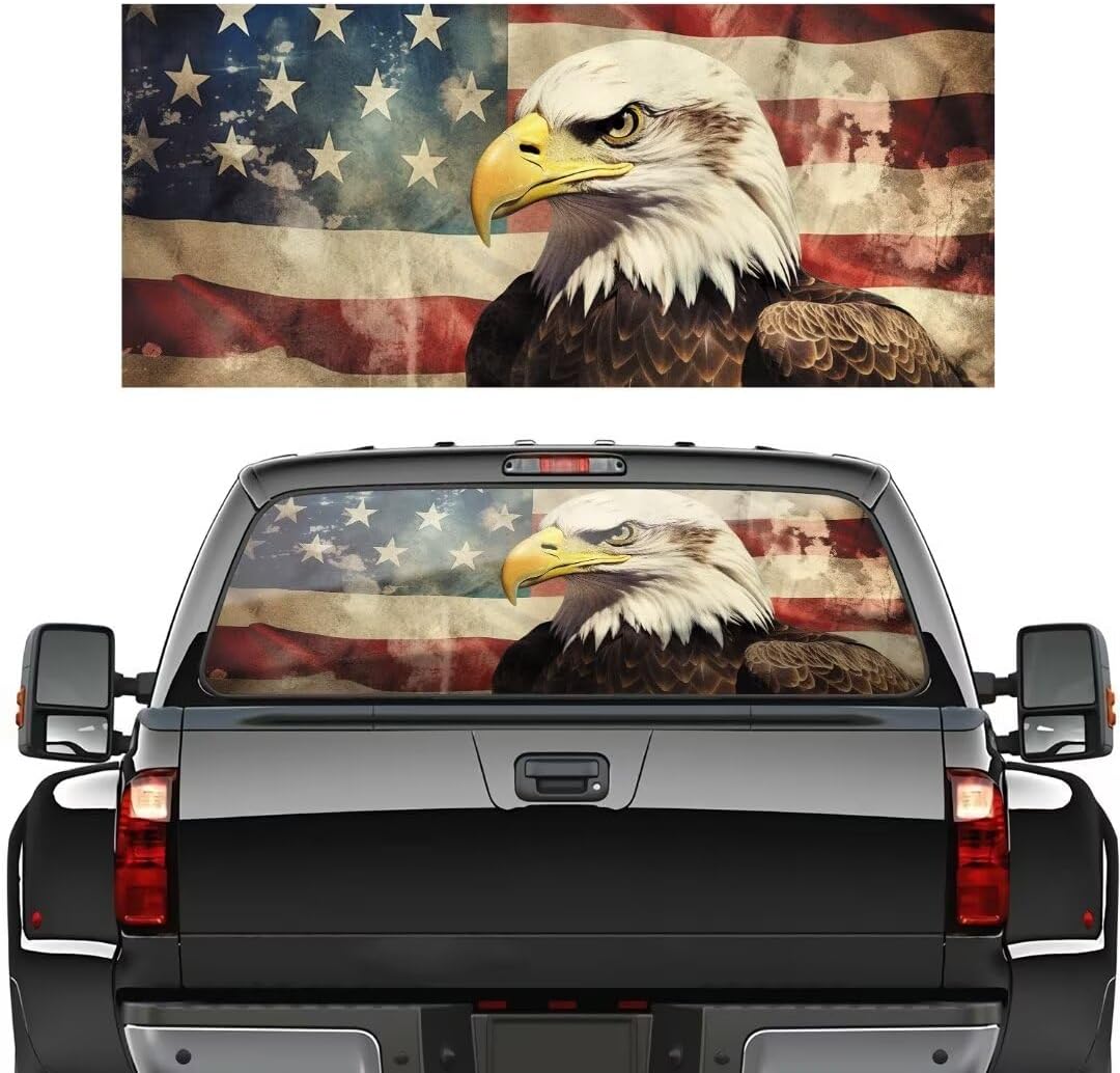 Generic Eagle Truck Rear Window Decal Retro American Flag Car Rear Window Sticker, Bald Eagle Perforated Window Film Window Decals for Trucks,Pickup,Car, Vinyl (53""W x 14""H)