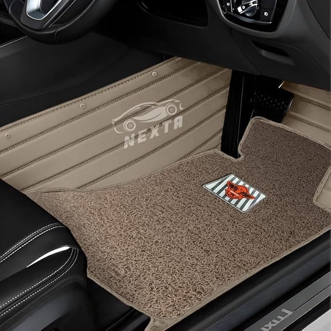 Image of Premium 12D Car Foot Mat for VinFast VF MPV 7-7 Seater (All 3 Rows) | Luxury Leather | Double Layered | Waterproof and Washable | Custom Fit | Detachable Grass Mat | Beige
