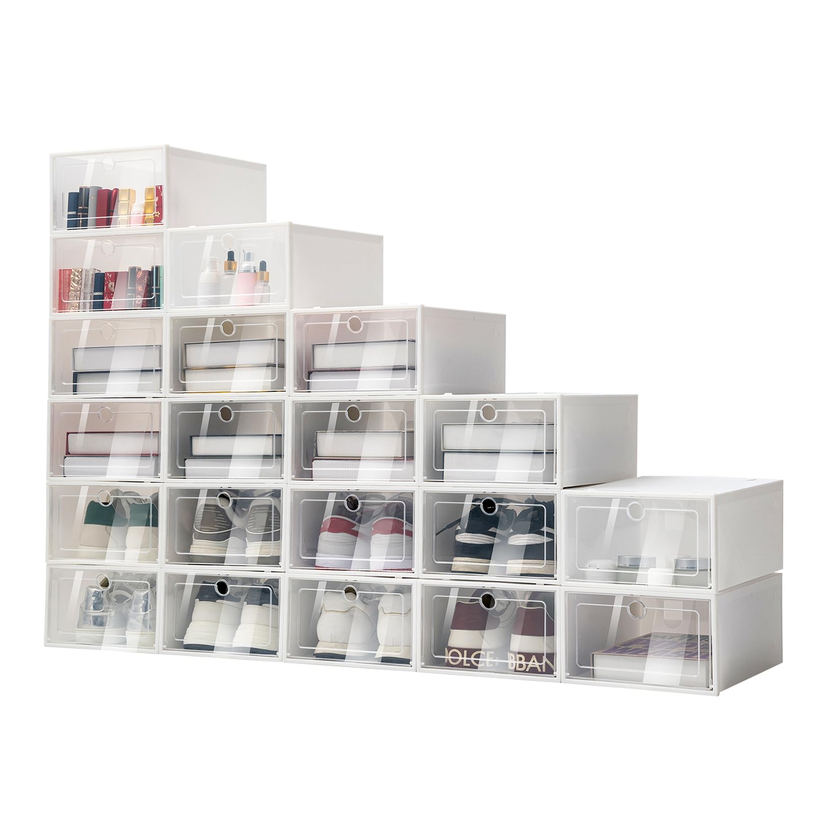 WOQLIBE 20 Pcs Shoe Storage Boxes,Clear Plastic Stackable Shoe Organizer for Closet,For Display Sneakers,Easy Assembly,Space Saving Foldable Shoe Sneaker Containers Bins Holders,13”Lx 9.9”Wx 5.5”H