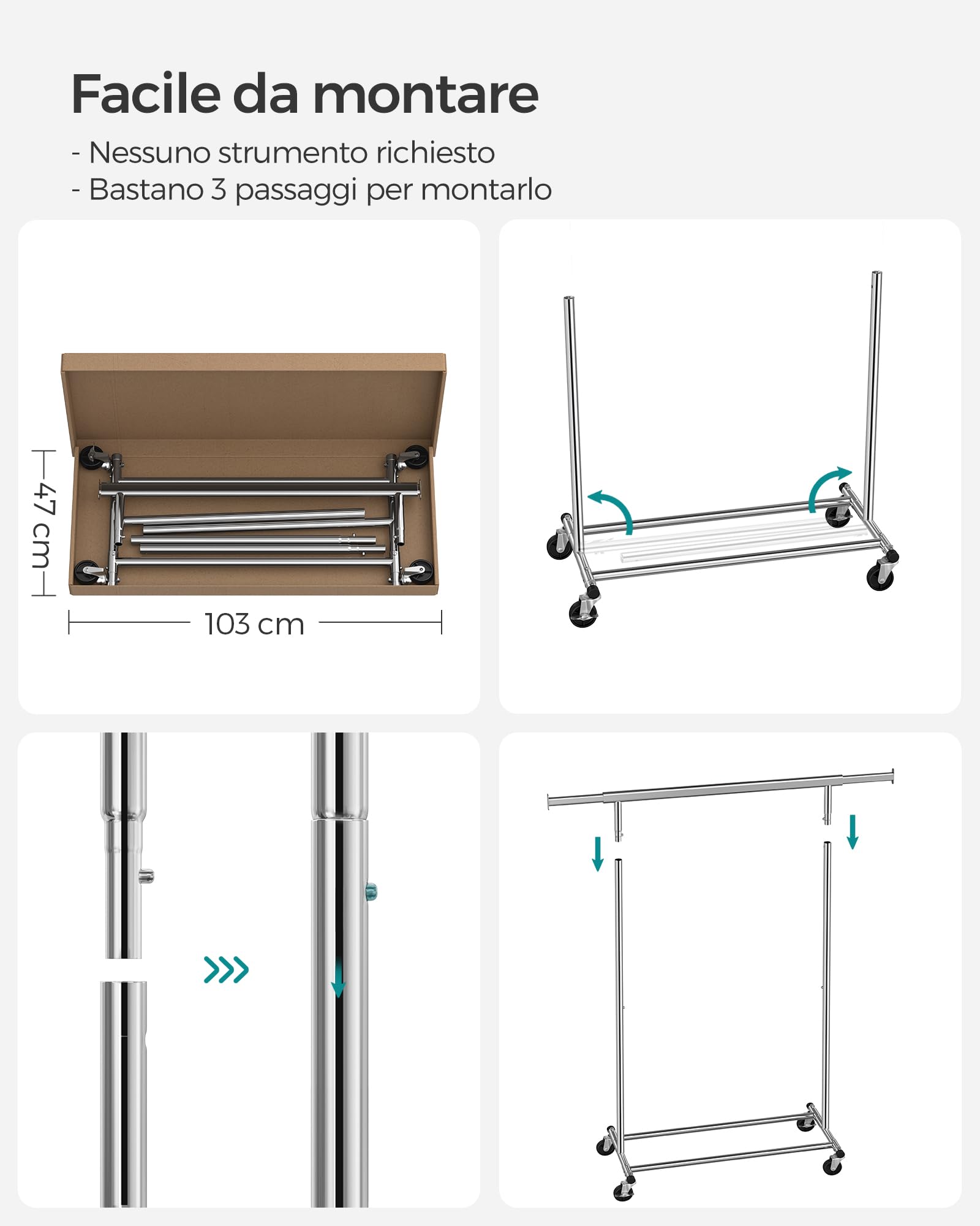 SONGMICS Stand Appendiabiti con Ruote, Attaccapanni Estensibile per Carichi Pesanti, Portata Totale 100 kg, 45 x (92-132) x 161,5 cm, Facile da Montare e Spostare, Argento HSR13S