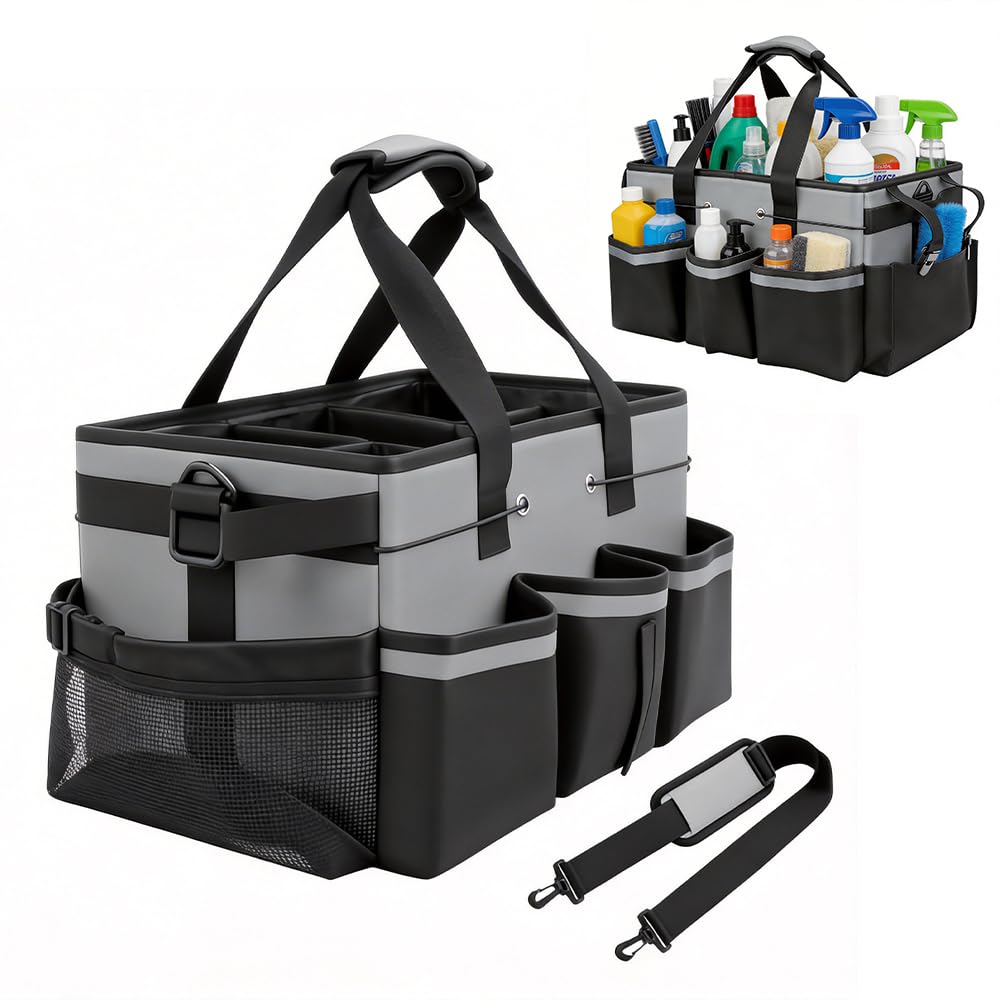 Wxeadu Gray Cleaning Caddy Bag, Cleaning Caddy With Handle, Multi-Compartment Cleaning Products Organiserwith Adjustable Shoulder Straps, Large Cleaning Tote Bag For Housekeeper, Home, Car, Garden (Gray)
