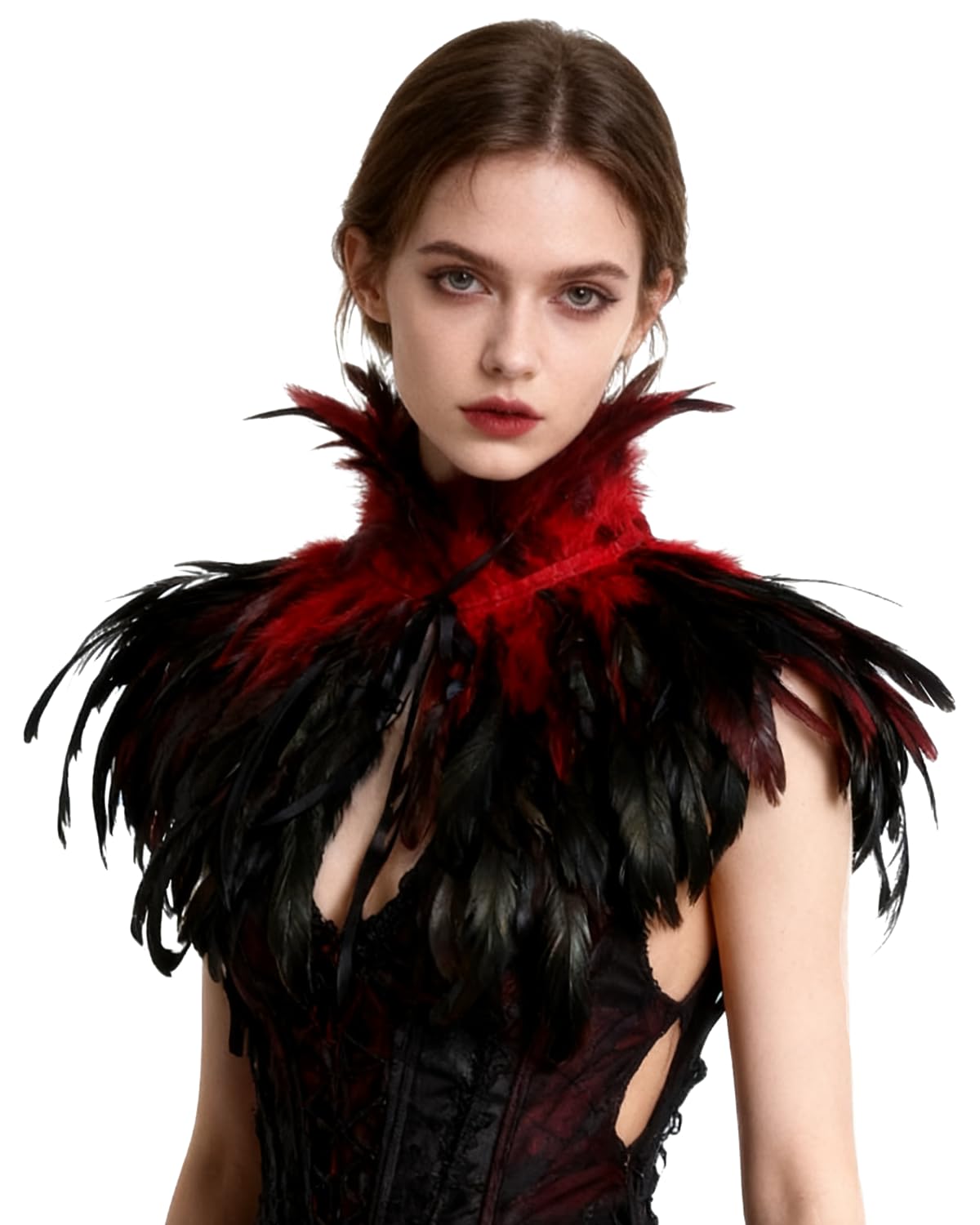 keland Poncho encapuchado gótico victoriano natural del cabo del mantón de las plumas con el collar de la gargantilla negro (rojo)
