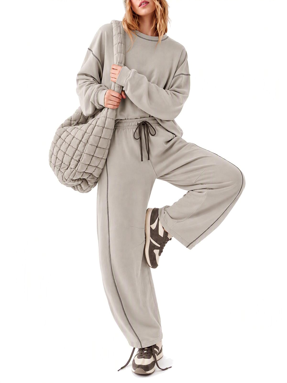 EXLURA Women Fall Cotton 2 Piece Sets Side Split Tops Matching Barrel Pants