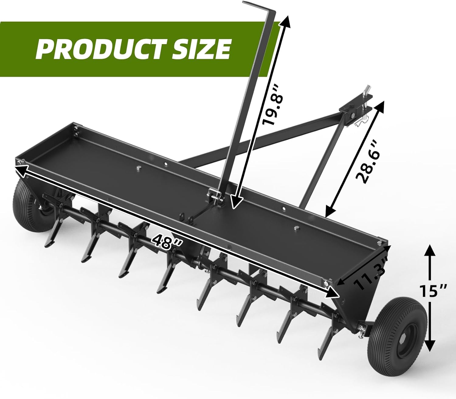 Tow Spike Aerator 48 in Extra-Wide Tow Bar Tow Behind Spike Aerator with Wheels Galvanized Steel Tines, Durable, Heavy Duty Soil Penetrator Spikes Tractor for Farm, Lawn (Black)