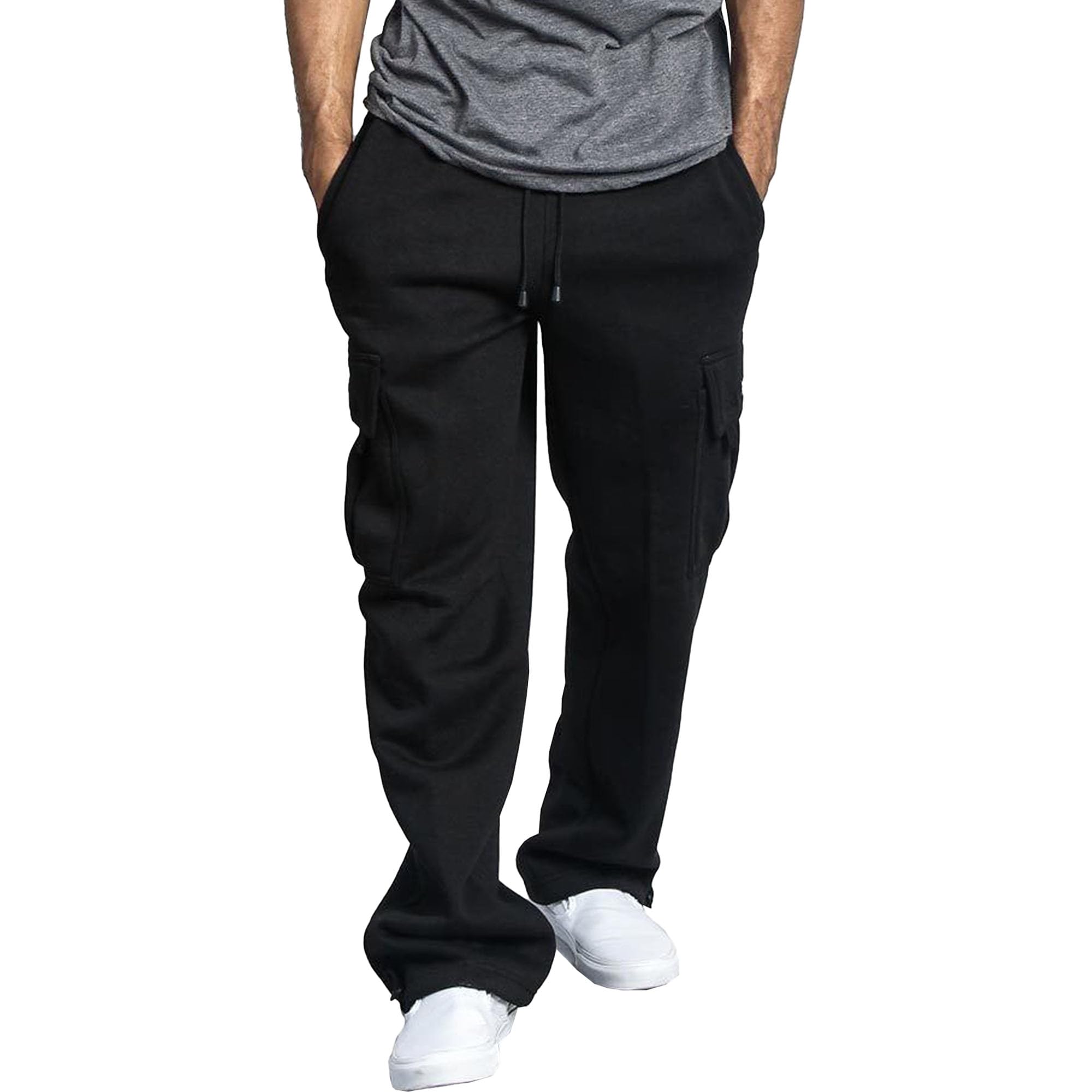 Men's Fleece Cargo Sweatpants Heavyweight Elastic Waist Pants with Pockets Baggy Drawstring Jogger Pants (Black1,Large)