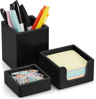 Black Desk Organizer Set of 3 - Wood Office Desk Accessories - Desk Organizers and Accessories for Women Men - Set incl. Pencil Pen Holder, Paperclip Storage and Sticky Note Holder