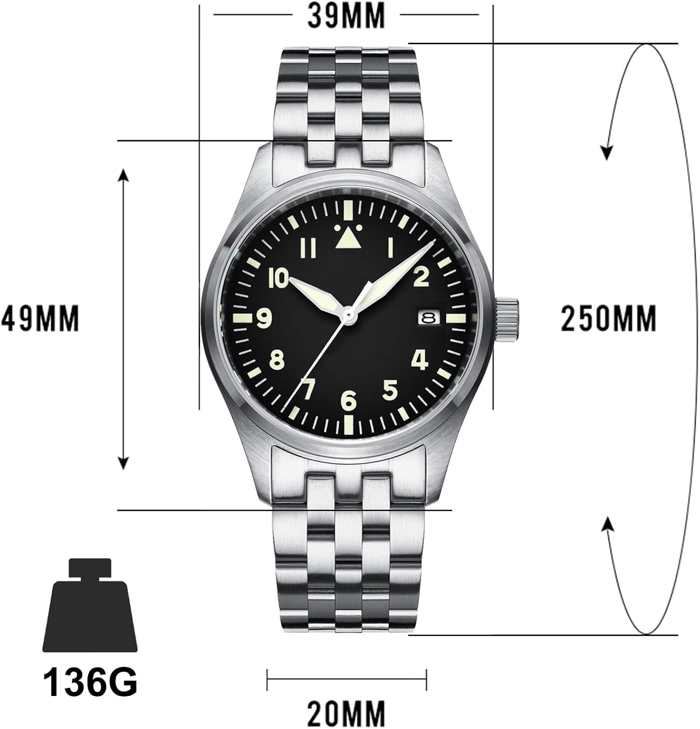 ADDIESDIVE Orologio Automatico Pilota Subacqueo 200M Cinturino in Acciaio Quadrante Nero ADDIESDIVE Orologio Automatico Pilota Subacqueo 200M Cinturino in Acciaio Quadrante Nero