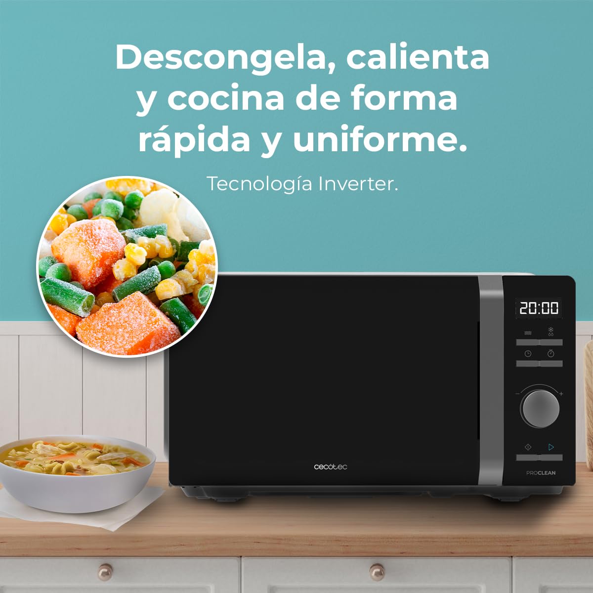 Cecotec Microondas Digital Motor Inverter 20L Proclean 5010 Inverter. 700W, 5 Niveles de Potencia, Bajo Consumo, Pantalla LED, Plato Giratorio de 245mm, Temporizador, 8 Modos