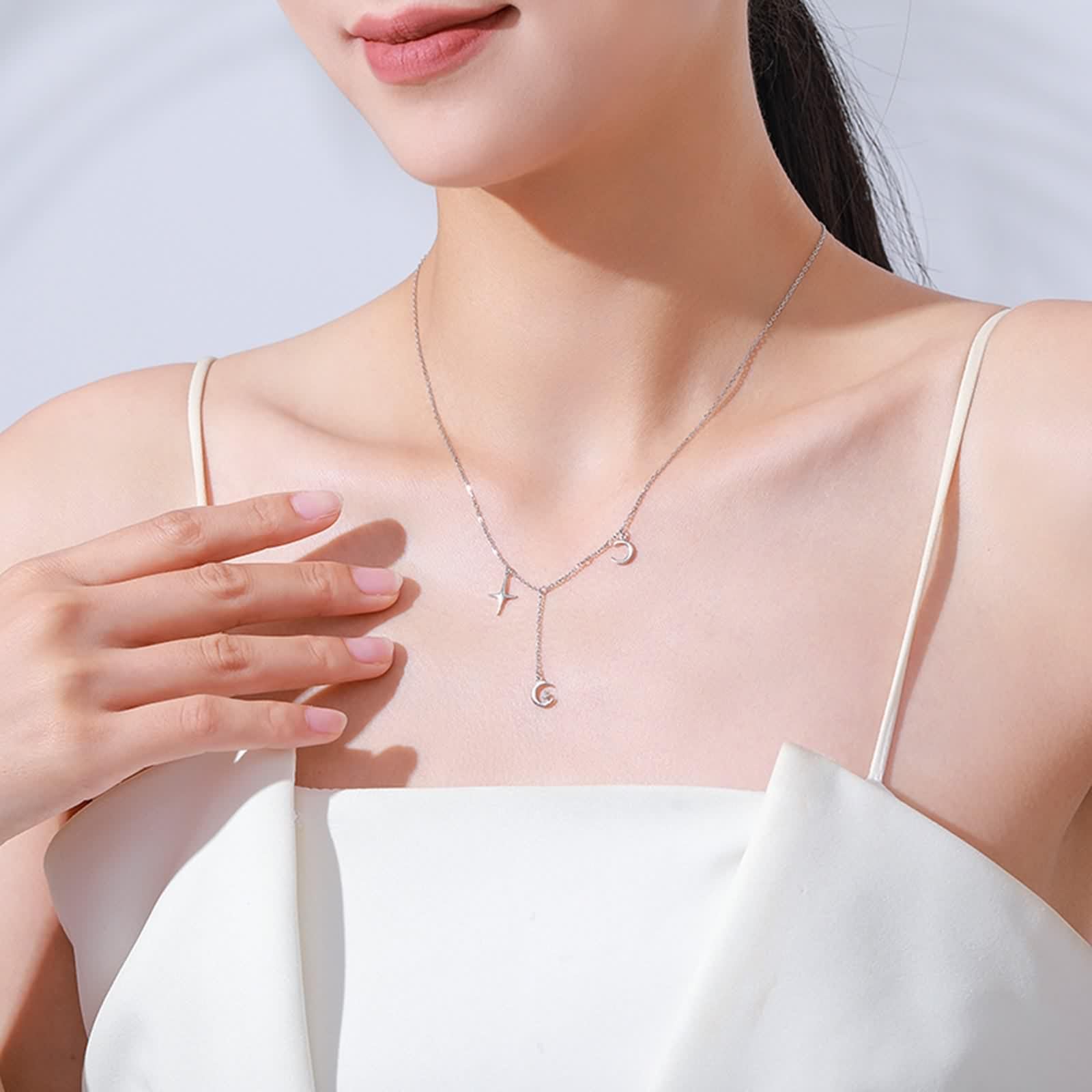 Collane Oro Bianco, Collana Lunga Donna Ciondolo Catenina Gioielli Oro Bianco 9K/14K/18K Stella Luna 40+5cm