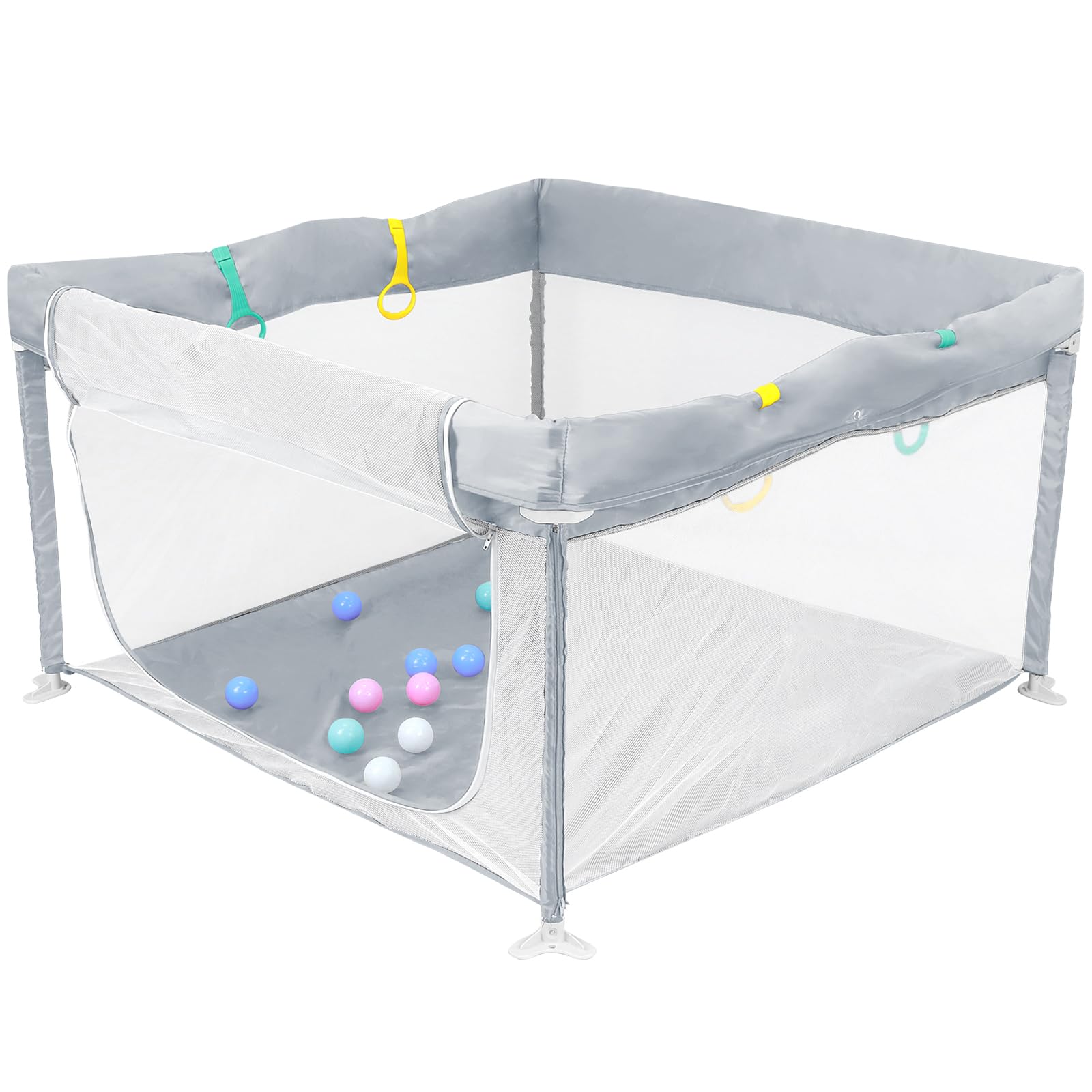 HOMGEN Laufstall Baby 120x120cm Laufgitter Faltbar Klappbares Spielgitter Tragbar Playpen Kinderlaufstall mit Abnehmbarem & Waschbarem Stoff Tasche & Spielzeug 10 Bälle 4 Griffe Für Innen/Außen