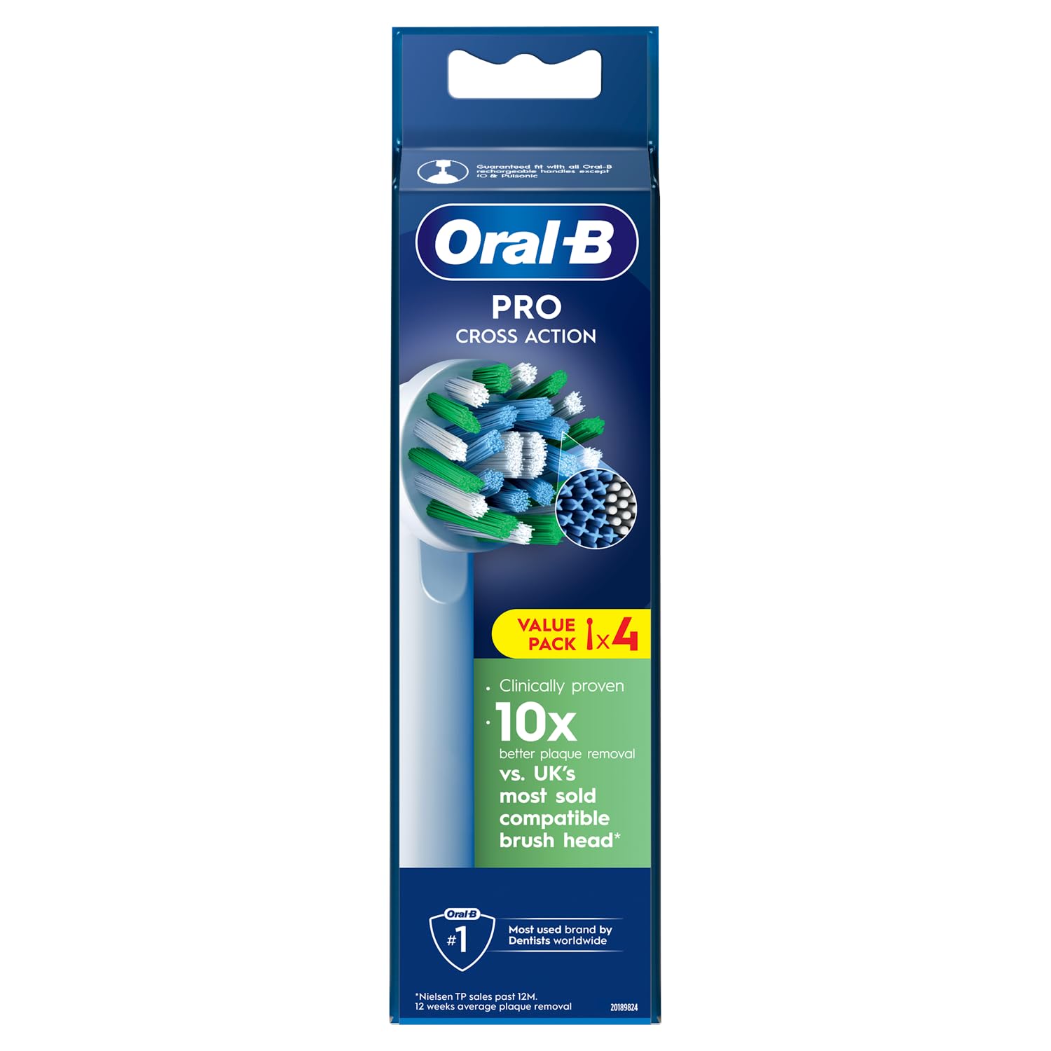 Oral-BPro Cross Action Electric Toothbrush Head, X-Shape and Angled Bristles for Deeper Plaque Removal, Pack of 4 Toothbrush Heads, White