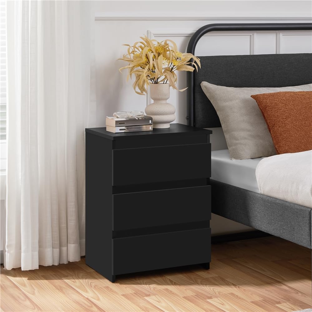 Yaheetech 2X Mesitas de Noche Negras con 3 Cajones Mesas Auxiliares | de Madera Estilo Moderno para Sala de Estar 45 x 35 x 60,5 cm Dormitorio Salón