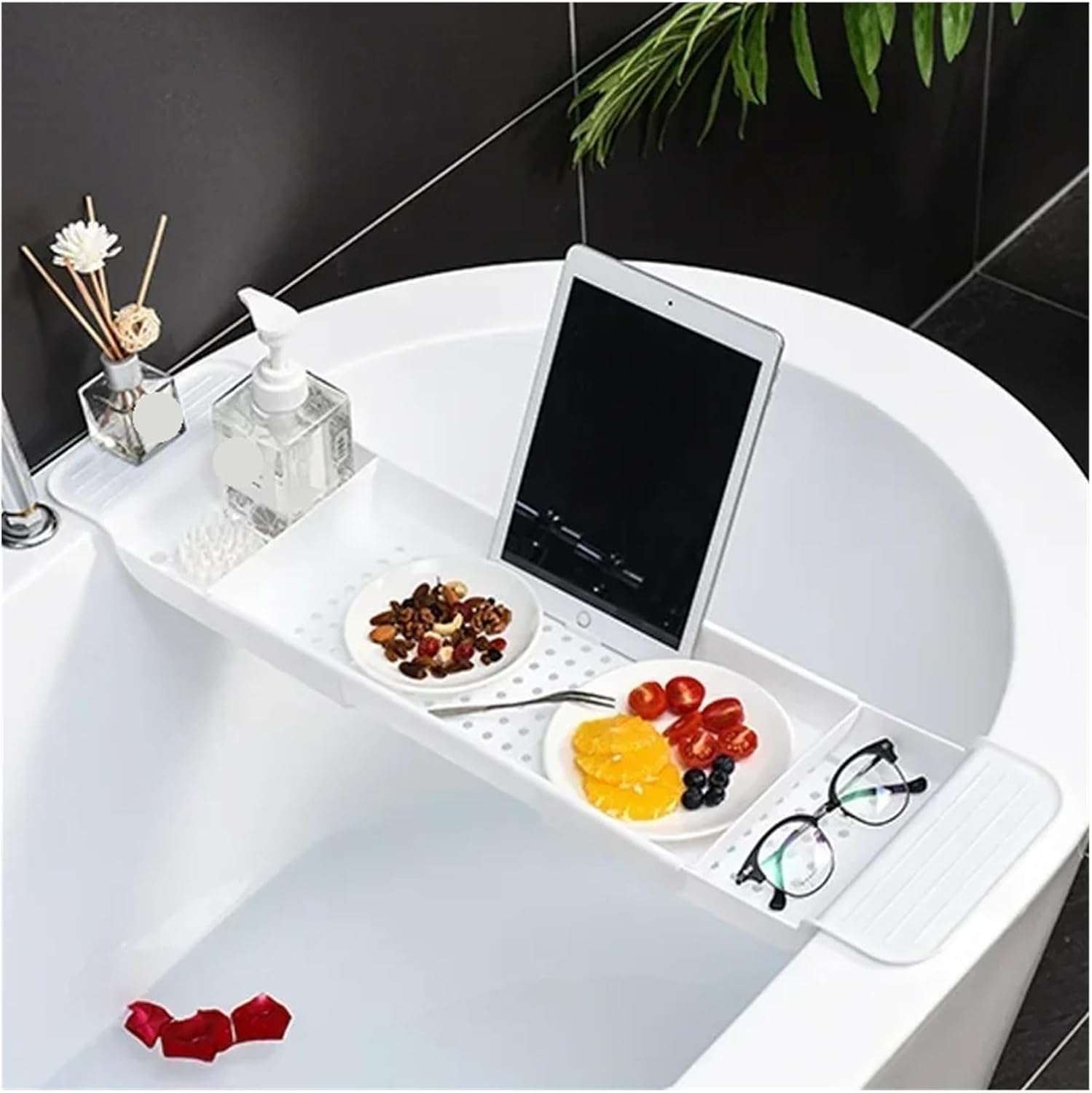 Extendable Bamboo Bathtub Tray - Adjustable Bathroom Shelf Caddy for Towel Book & Accessory Storage - Stylish White Bath Tub Rack nizer for Home Spa Experience