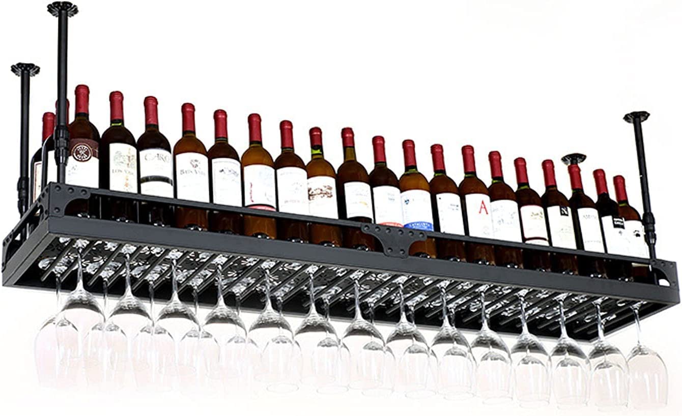 Casier à vin suspendu en métal noir avec porte-verres inversé pour bar et cuisine