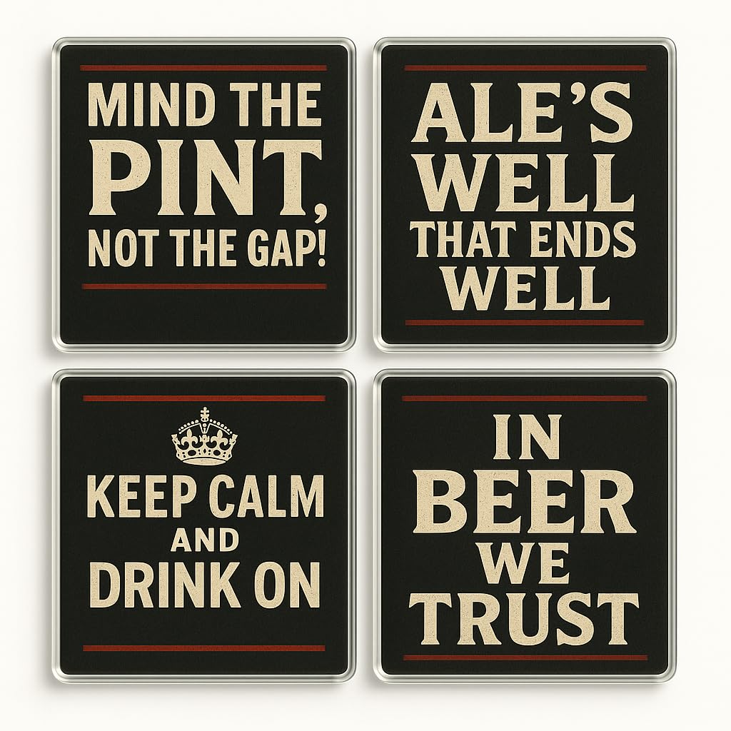 The Plum Penguin Pub Charm Coasters Acrylic Coaster Set Of 4 - Vintage Pub Charm Design - Humorous Drinkware For Dads' Man Caves & Home Bars
