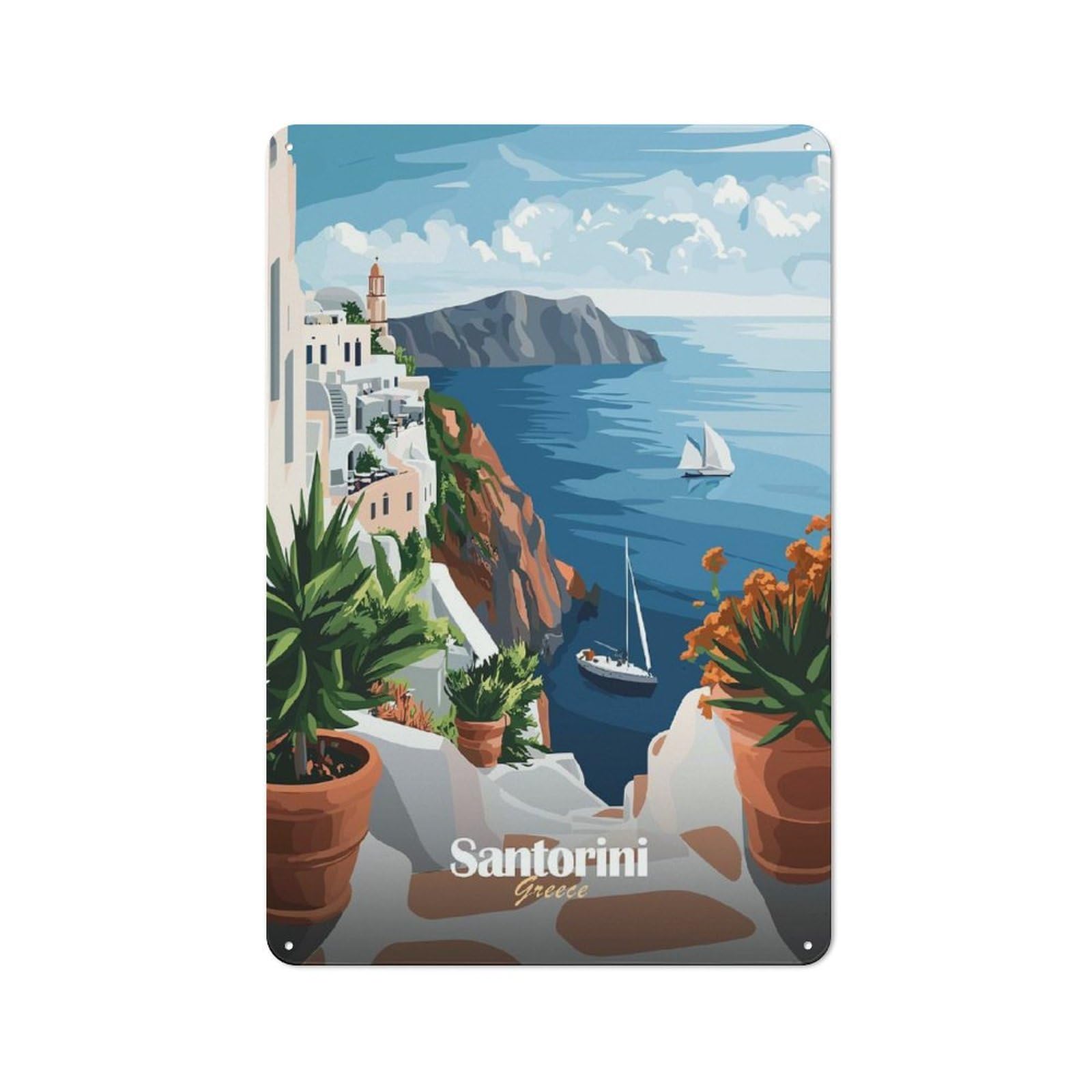 Junmoney Style-3 Santorini Greece Travel (3) Decorative Tin Plaque 30X20cm, Decorative Novelty Wall Art For Hallway, Home Bar, Garage Or Study