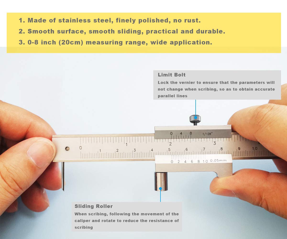 ZLKSKER Parallel Crossed Caliper 0-20cm (0 - 8 inch) with 2 Carbide Scriber / Needle, Stainless Steel Vernier Calipers, Marking Gauge, Marking Tool