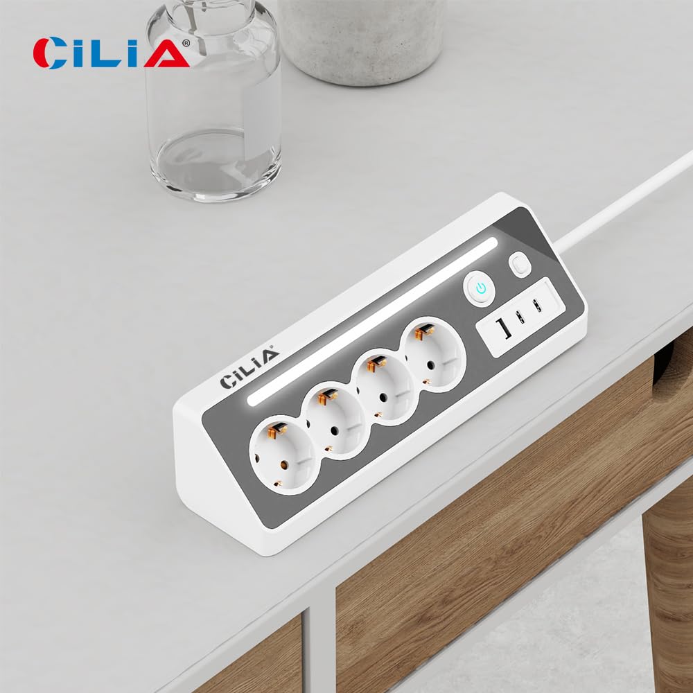 CILIA Ciabatta Elettrica Angolare 90° con 4 Prese Schuko,2 Type-C +1 USB, Protezione Sovratensioni, Luce LED, Interruttore On/Off, 3680W 16A, Cavo 1.5m, Interruttore On/Off, per Cucina Ufficio Casa