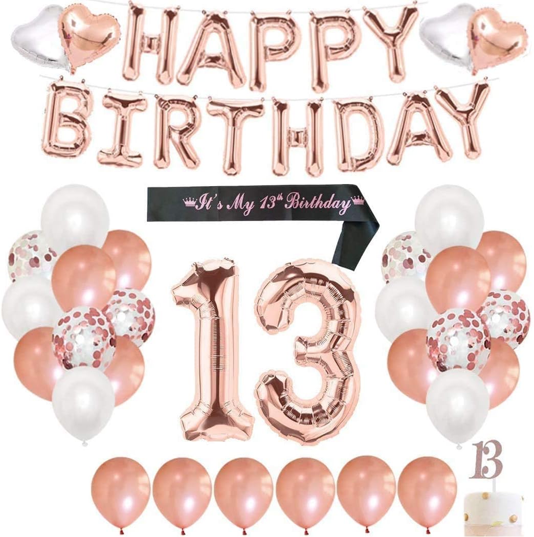 Finypa 13th Birthday Decorations for Women - 13th Happy Birthday Decoration Gold Rose with Sash, Number 13 Foil Balloon, Happy Birthday Banner, Happy 13th Birthday Cake Topper