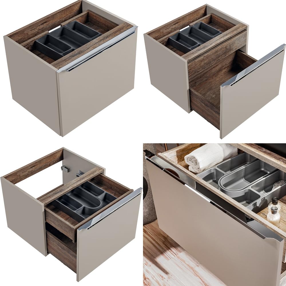 Lomadox Set di mobili da bagno in aupe con rovere vintage, 140 cm, doppio lavabo con mobiletto, 2 lavandini in ceramica, scaffale, specchio a LED, armadio alto