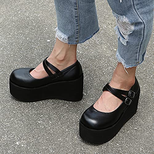Hbeylia Platform Mary Jane Shoes For Women Vintage Leather Wide Round Toe Chunky Bottom High Heels Ballet Flats With Arch Support Retro Goth Thick Heeled Dress Oxfords For Girls School Uniform 5